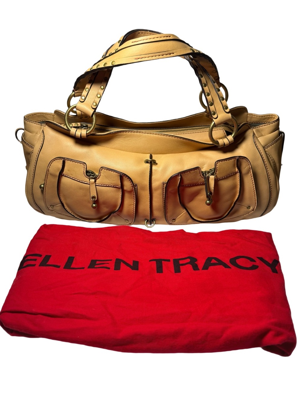 Ellen Tracy Tan Leather Shoulder Satchel with Dual Front Pockets